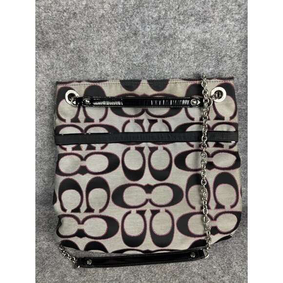 Coach Signature Chain Crossbody Bag Womens Gray Black Pink Logo Jacquard 21161 - Picture 2 of 8